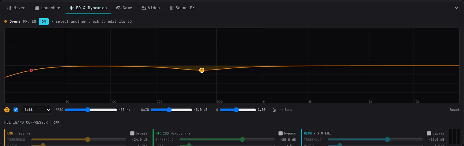 The EQ & Dynamics tab: a parametric EQ curve over the spectrum, and a multiband compressor.