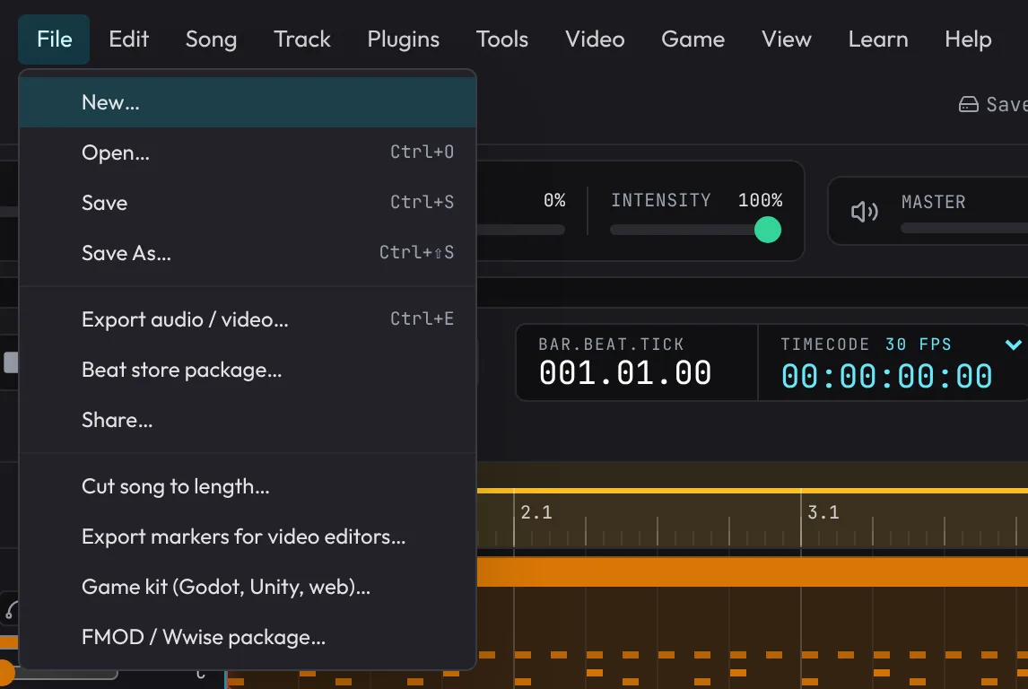 The File menu: New, Open, Save, Save As and the exports.