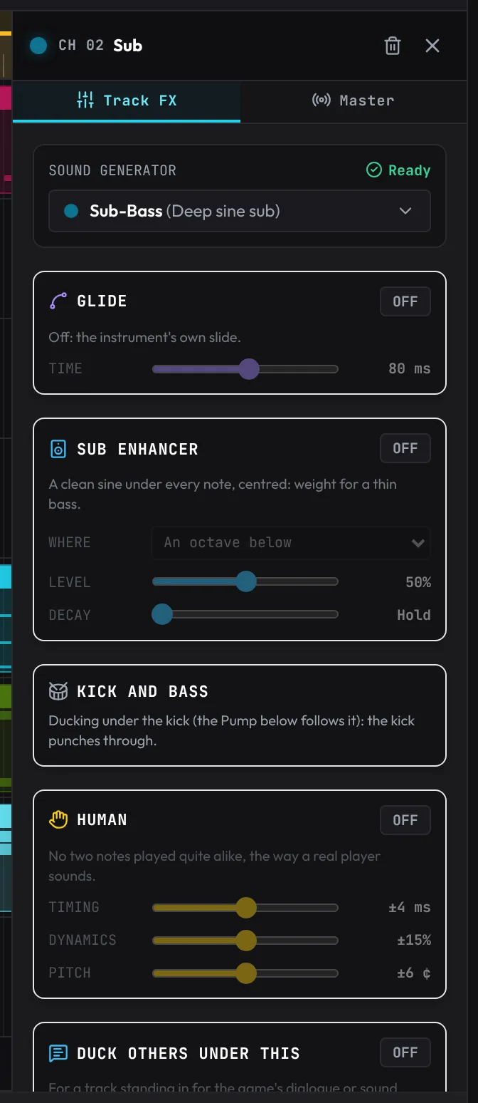 The Track Inspector open beside the timeline: the instrument, its insert effects and their settings.