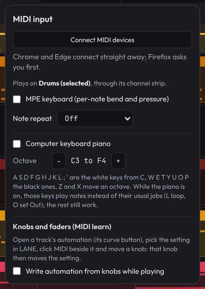 The MIDI input panel: the connected keyboard, its activity and the computer keyboard option.