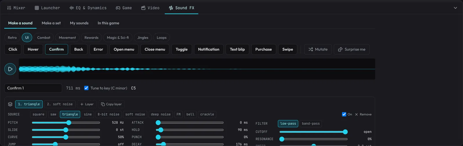 The sound effects maker: groups of sound kinds, the sound playing as a waveform, and its layers with their sources, pitch, loudness and filter settings.