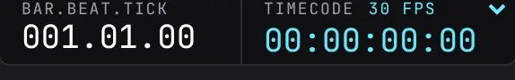 The BAR.BEAT.TICK and TIMECODE readouts, with the frame rate menu open.