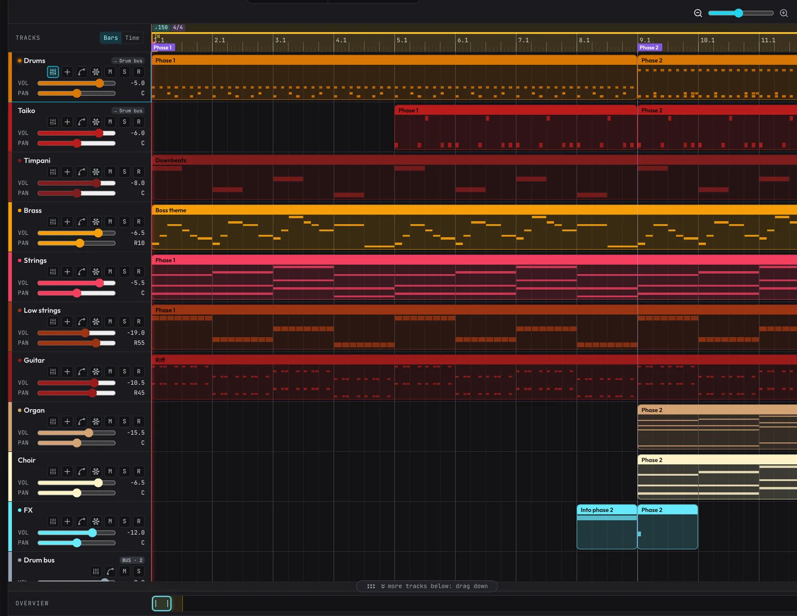 The arrangement timeline: track headers on the left with volume and pan, coloured clips of notes on the right.
