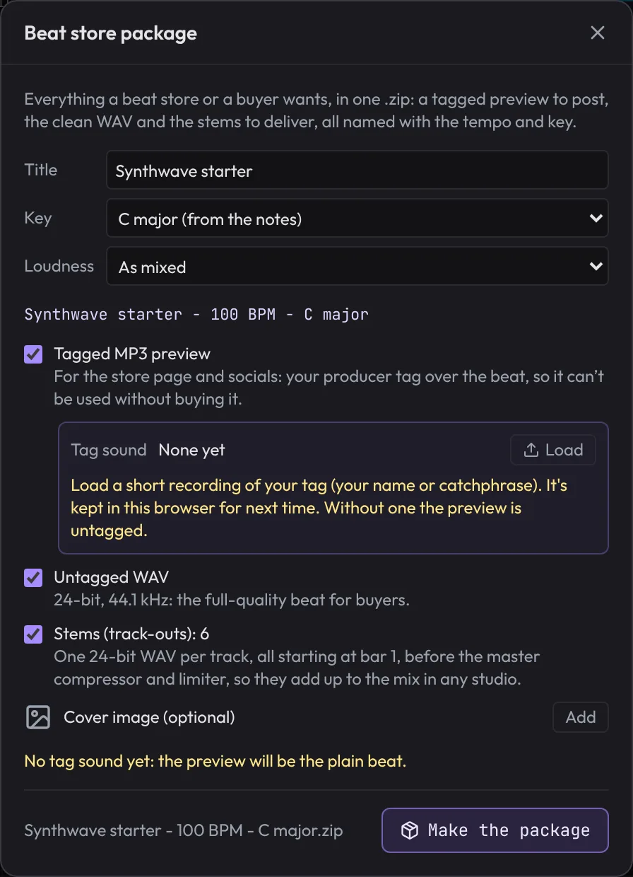 The Beat store package dialog: title, key and loudness, a tagged MP3 preview with its tag sound, an untagged WAV, stems and an optional cover image.