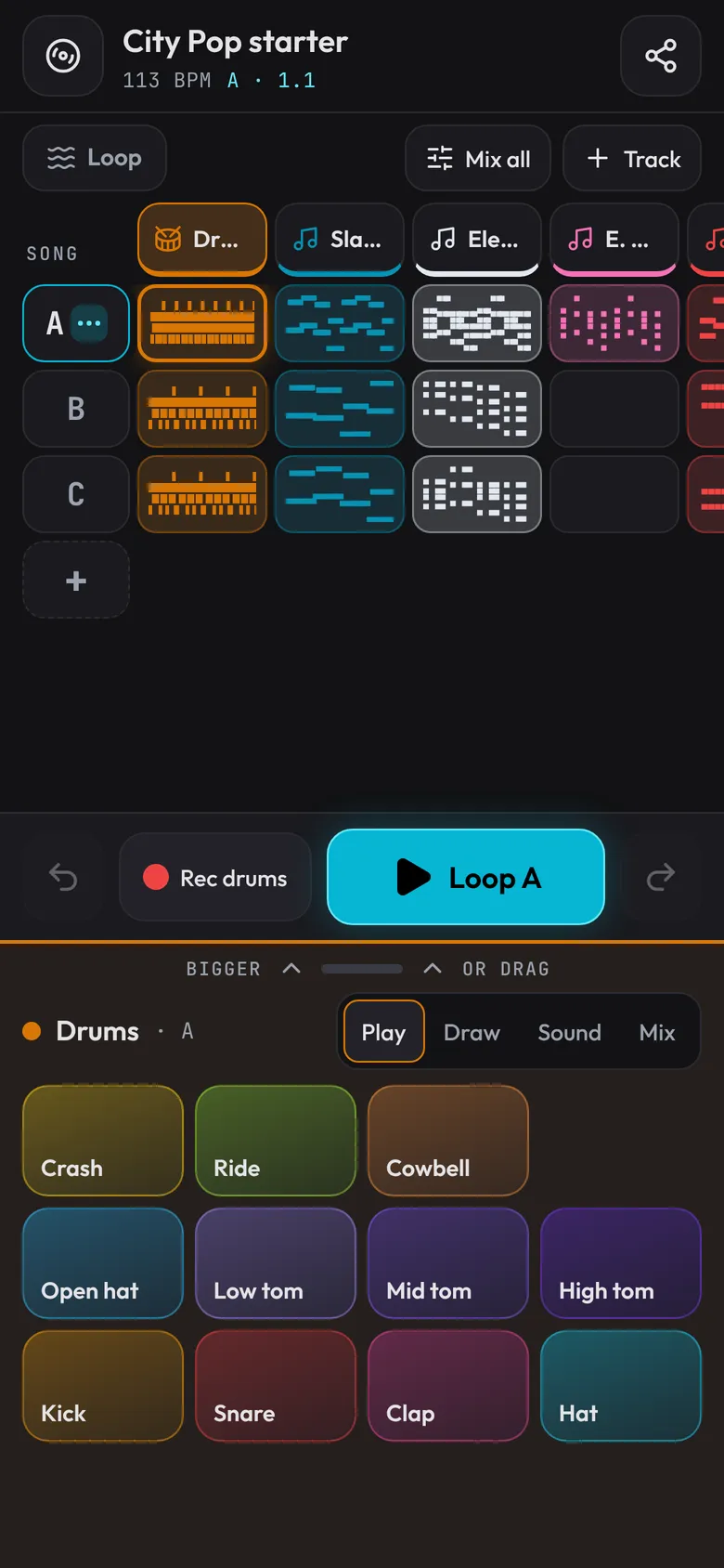 Pocket on a phone: the City Pop starter as a grid of sections by tracks, a Loop A button and drum pads.