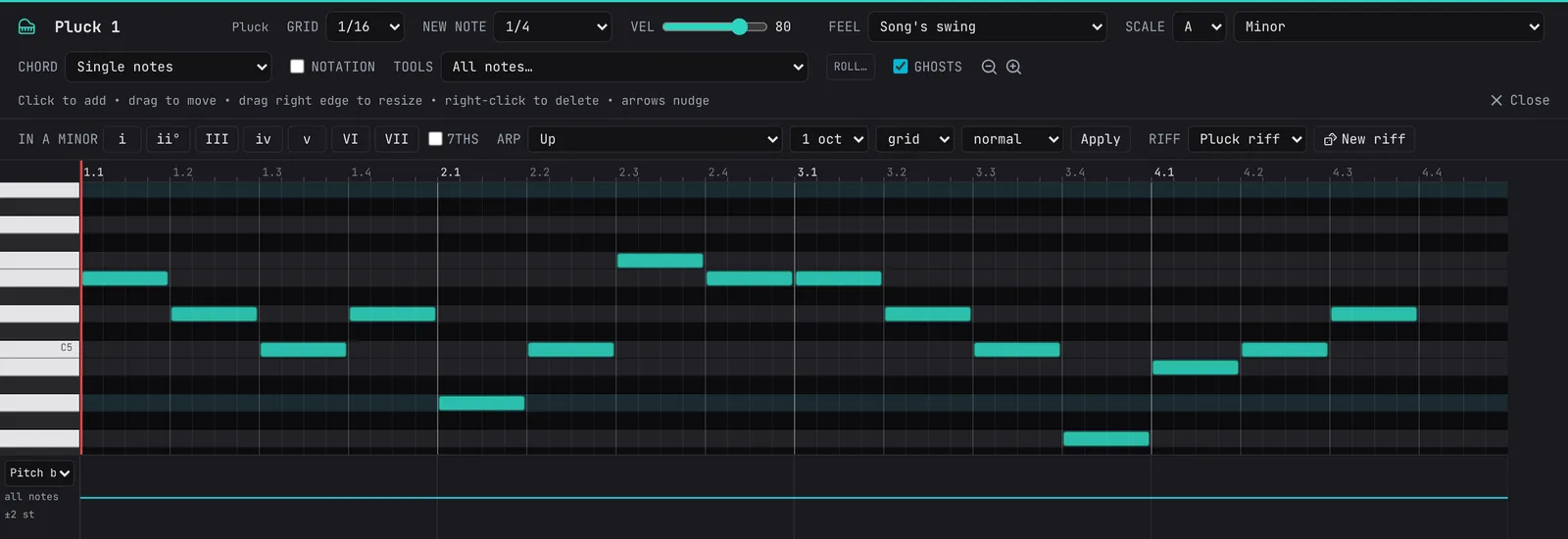 The piano roll of the Pluck 1 clip in A minor: sixteen quarter-note boxes making a tune over four bars, with a rest at the end.
