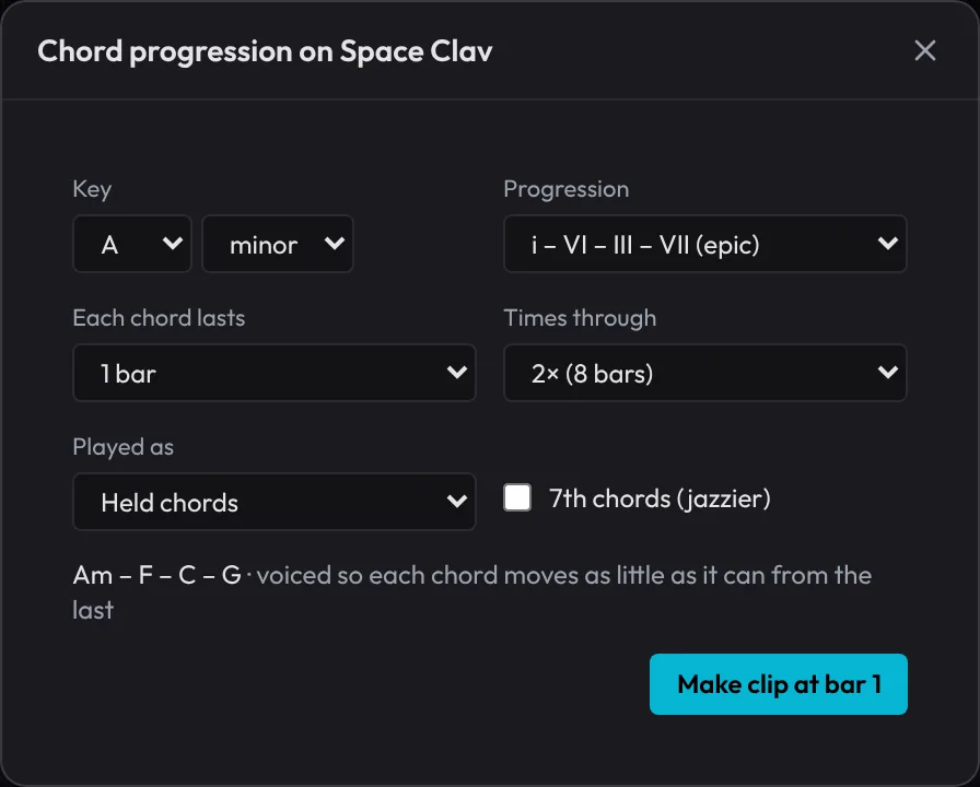The Chord progression dialog on the Space Clav track: key A minor, progression i – VI – III – VII, each chord 1 bar, twice through, held chords, and the chords Am – F – C – G spelled out.