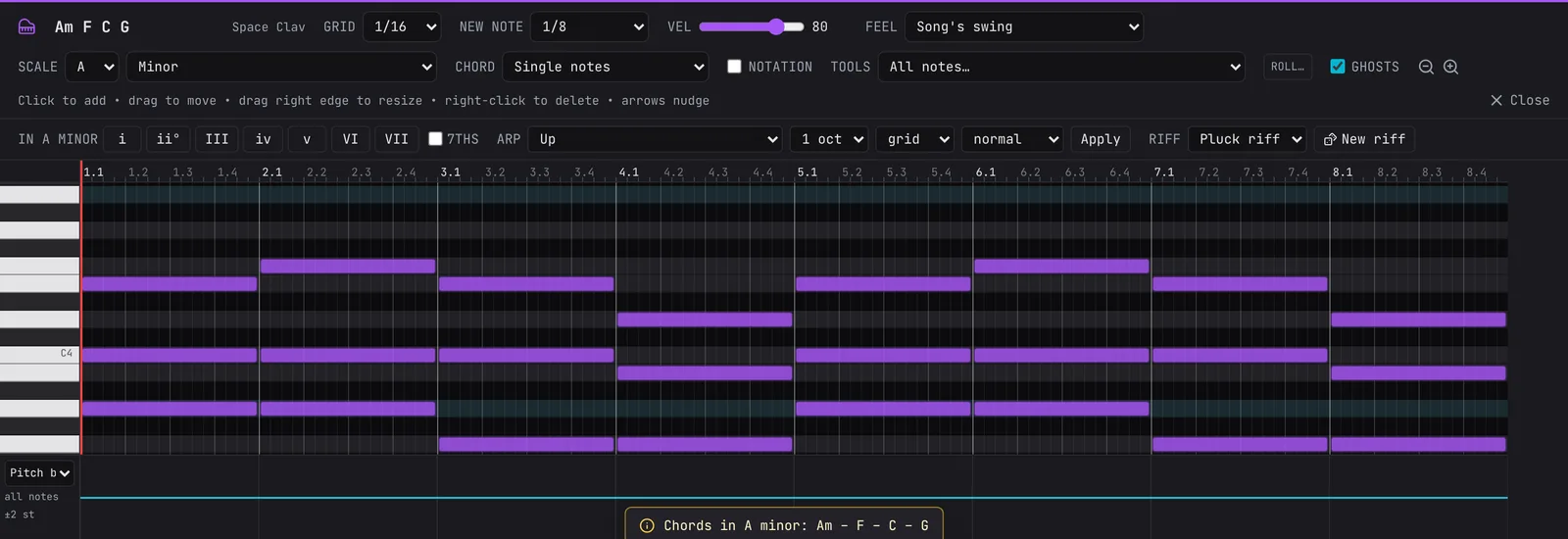 The piano roll with the Am F C G clip open and SCALE set to A Minor: the rows outside the key shaded dark, the A rows lit, three-note chords in each bar.