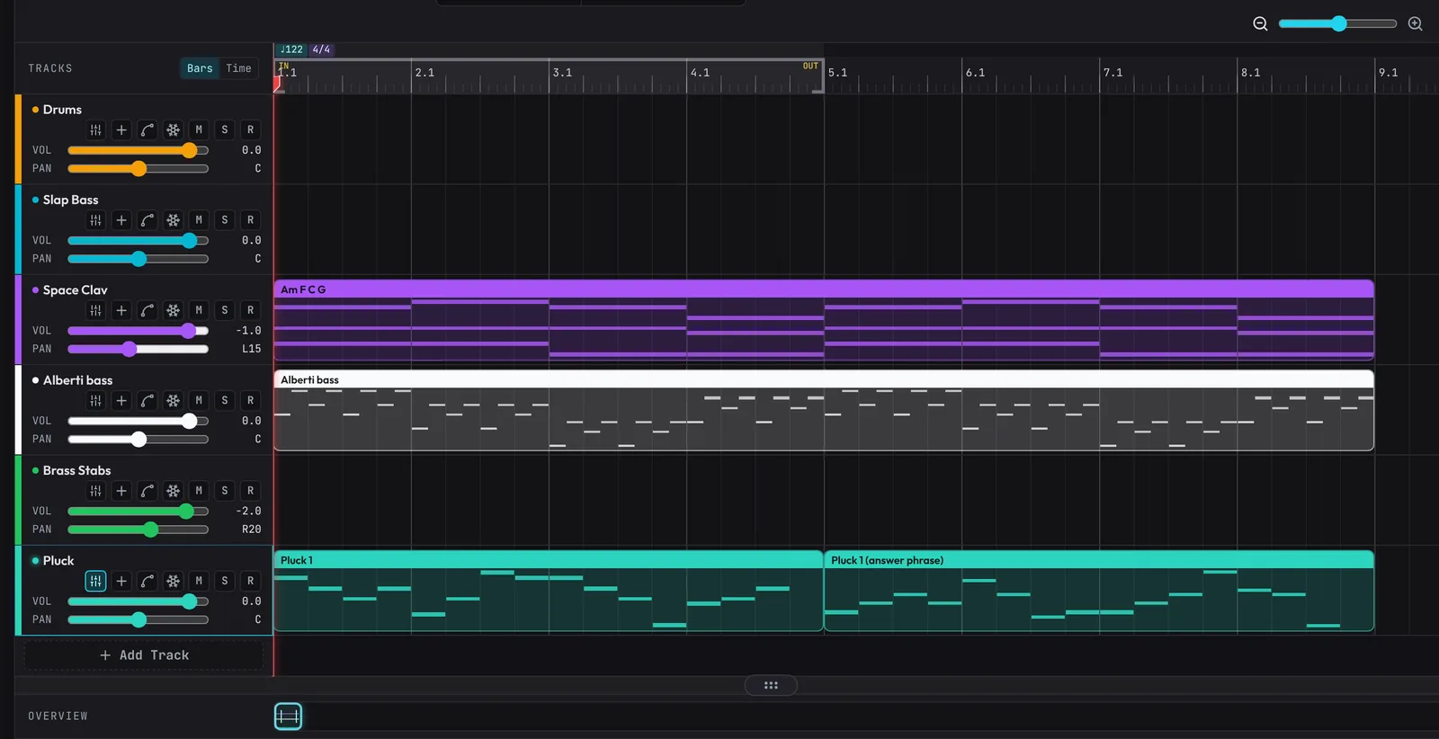 The timeline: Am F C G chords on Space Clav, an Alberti bass track under them, and on the Pluck track the tune in bars 1 to 4 followed by its answer phrase in bars 5 to 8.