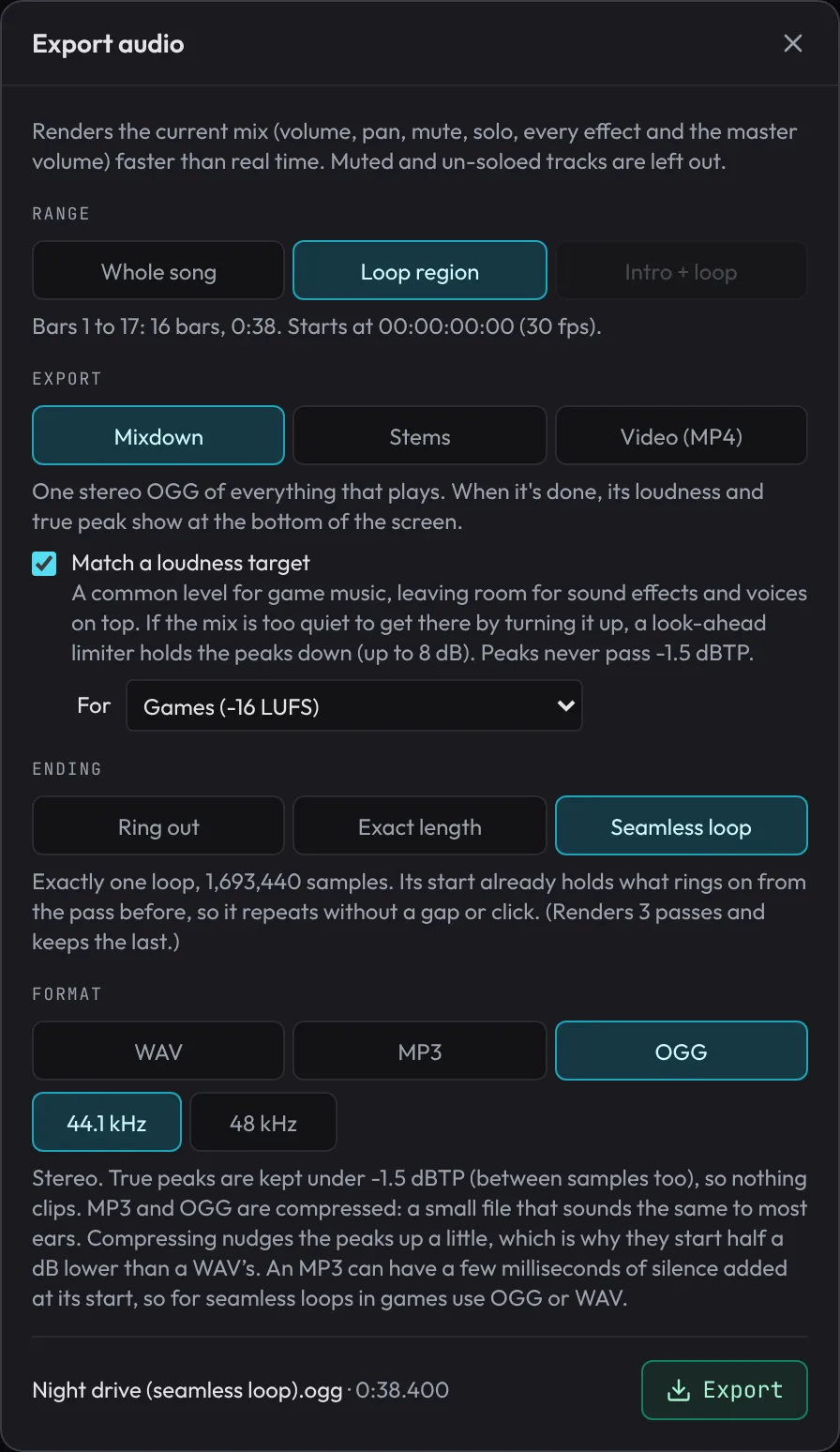 The Export dialog set to Loop region, Mixdown, Seamless loop and OGG: exactly one loop long, ready to repeat without a gap.