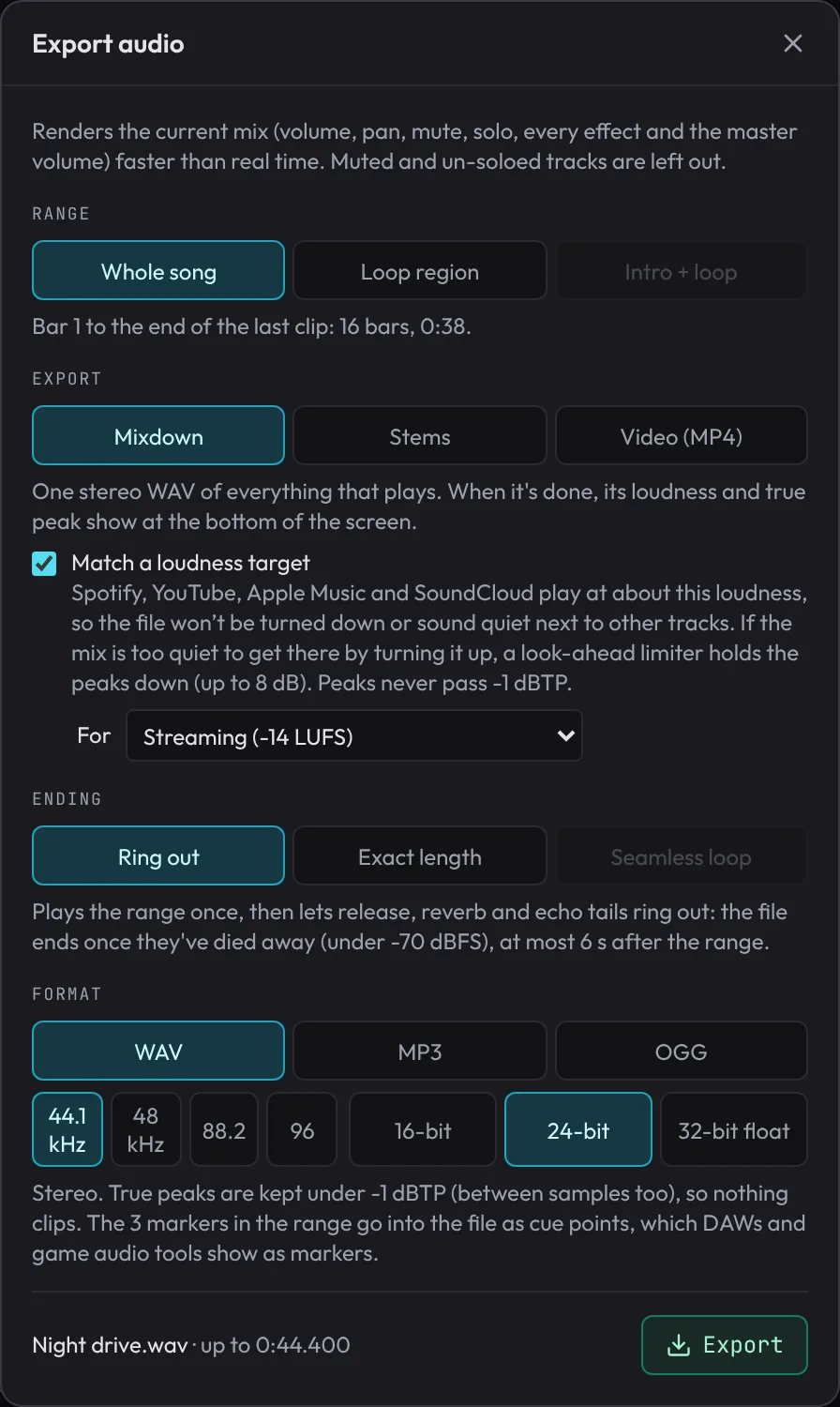 The Export dialog set to Whole song, Mixdown, Ring out and WAV, with Match a loudness target ticked and Streaming (-14 LUFS) chosen.