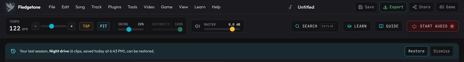 The top of the studio after a reload: under the header, a banner says "Your last session, Night drive (5 clips, saved today), can be restored", with Restore and Dismiss.