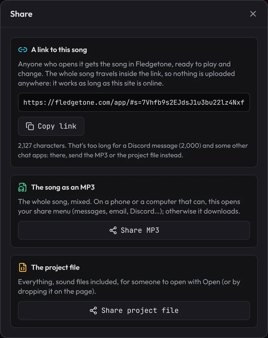 The Share dialog: a link to this song with Copy link, the song as an MP3, and the project file.