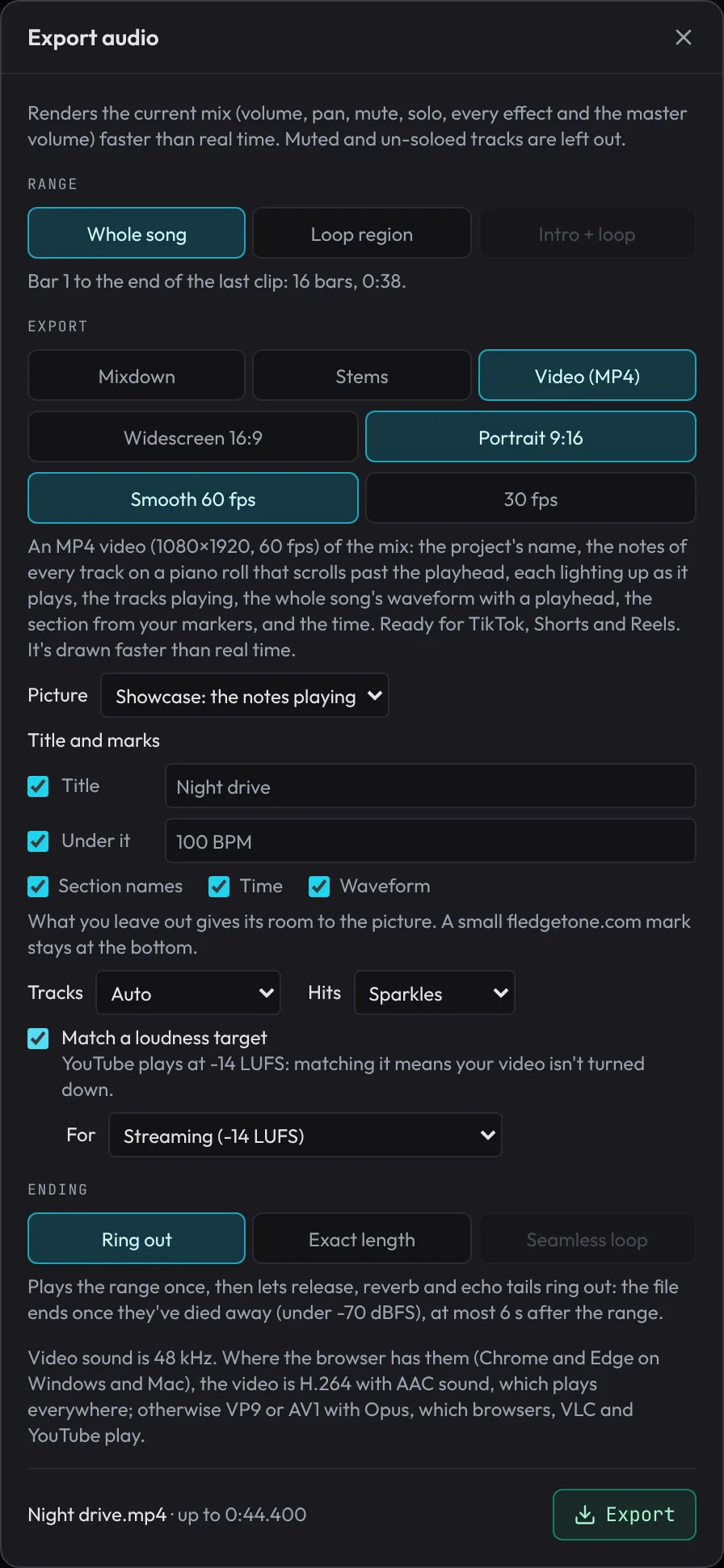 The Export dialog set to Video (MP4): Portrait 9:16, Smooth 60 fps, Showcase picture, the title and marks, tracks and hits options, and a loudness target for streaming.
