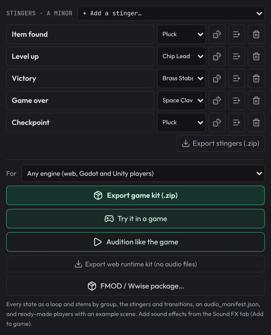 The stingers list (Item found, Level up, Victory, Game over, Checkpoint) with their instruments, and the export buttons: game kit, Try it in a game, Audition like the game, web runtime kit and FMOD / Wwise package.