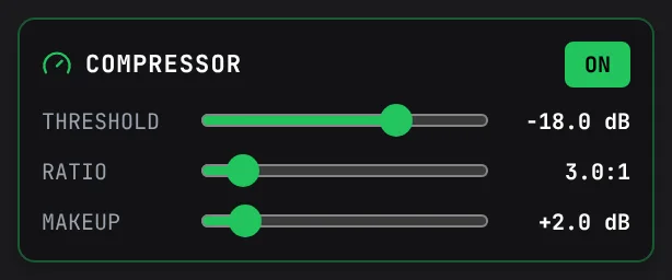 The Compressor in the Bass track's Inspector, switched on: Threshold -18 dB, Ratio 3:1, Makeup +2 dB.