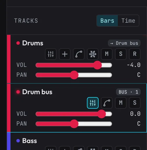 The track headers: Drums now shows "→ Drum bus", and a new Drum bus track sits under it, marked BUS · 1.