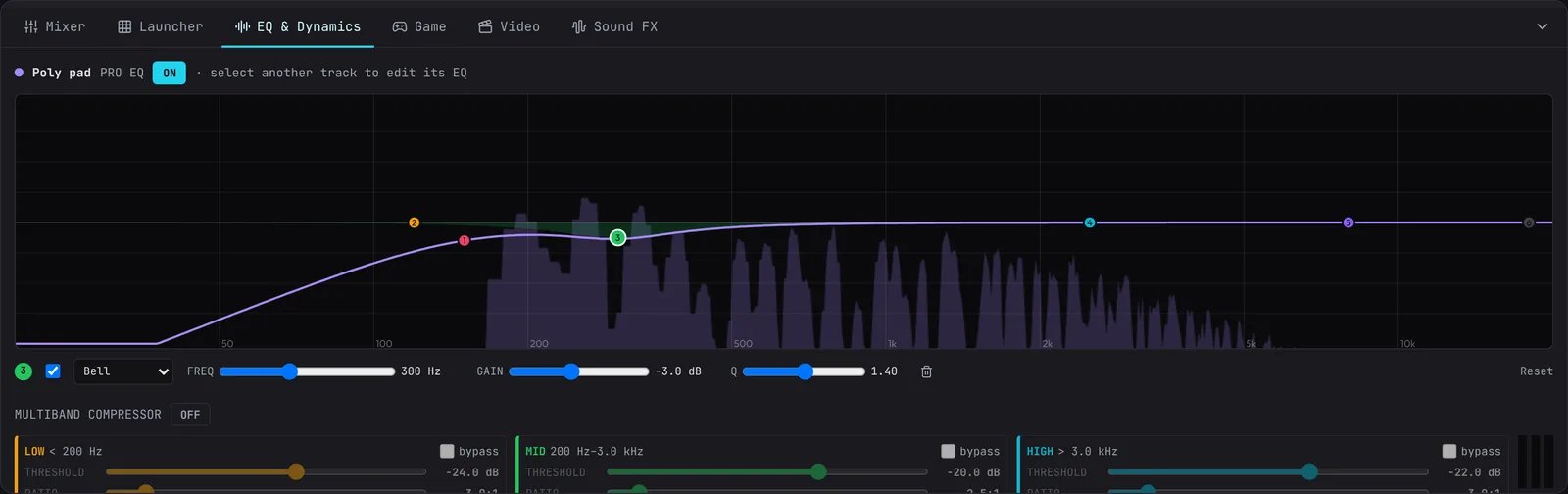 The Pro EQ of the Keys, open big in the EQ & Dynamics tab: a low cut at 150 Hz and a 3 dB dip at 300 Hz.
