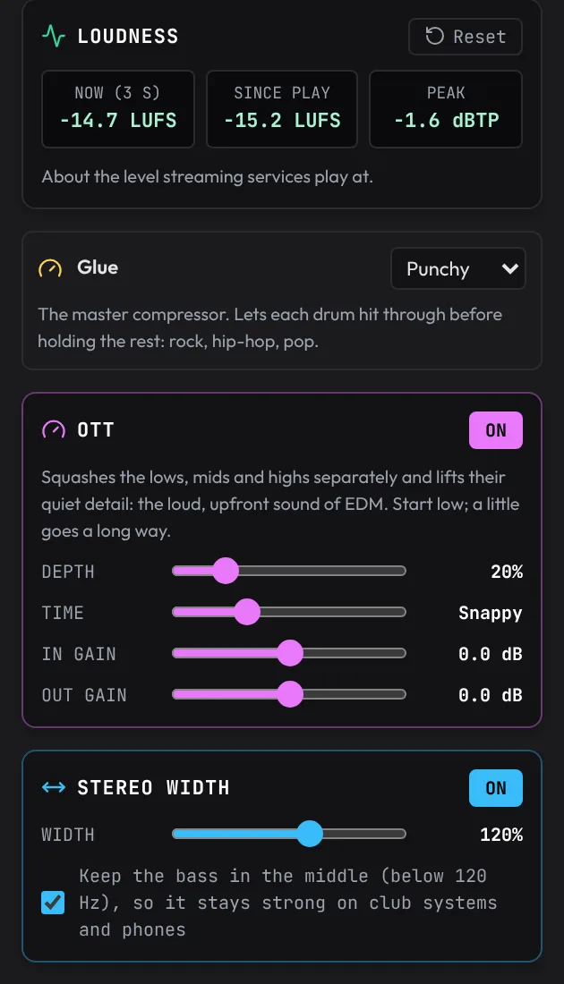 The Master tab while the song plays: the Loudness readings, Glue set to Gentle, OTT on at 20% and Stereo Width at 120%.