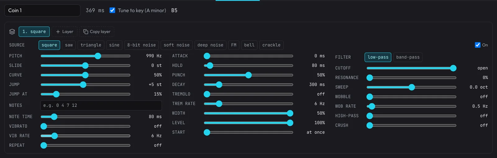 The Sound FX tab making Coin 1: one square layer at 990 Hz, Jump +5 st at 15%, Hold 80 ms, Punch 50%, Decay 300 ms, Width 50%.