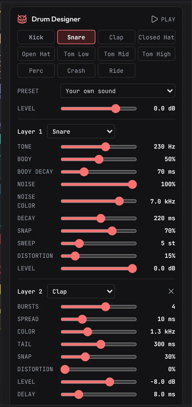 The Drum Designer with the Snare row picked: Layer 1 the Crisp snare (Tone 230 Hz, Noise 100%, Snap 70%), Layer 2 a clap at -8 dB with Delay 8.0 ms. The preset box now reads Your own sound.