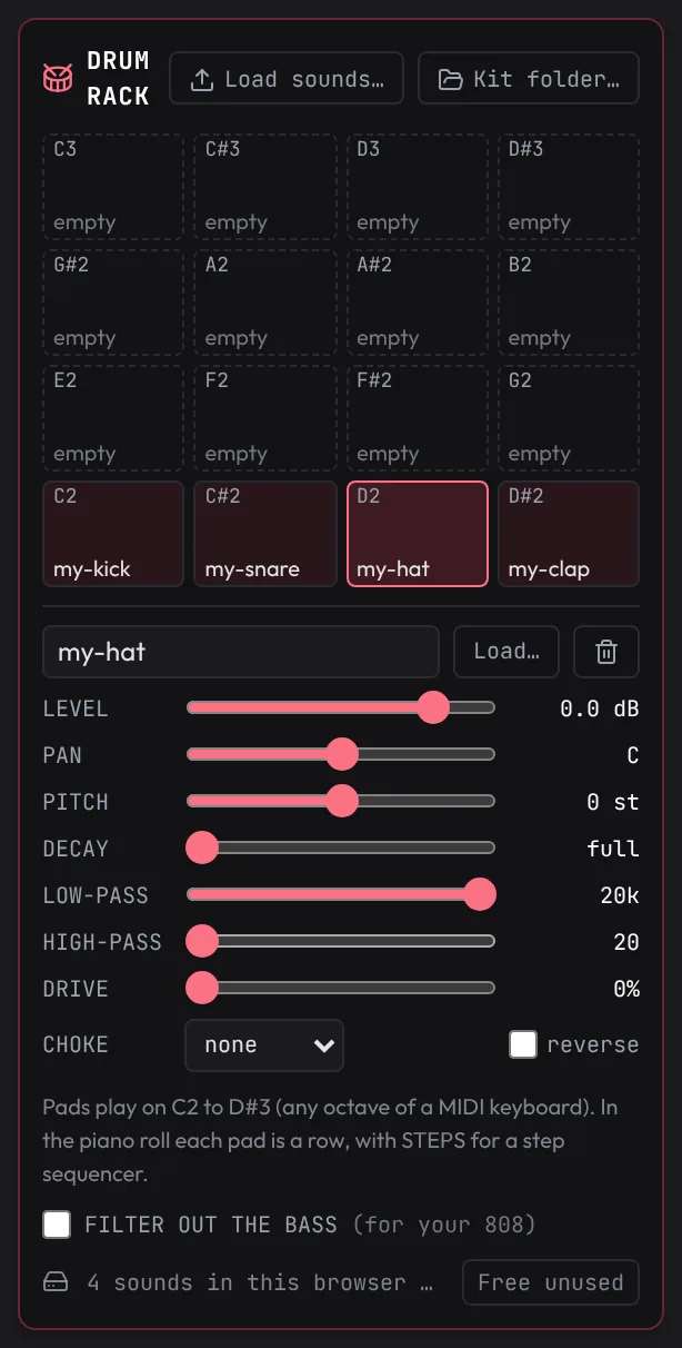 The Drum Rack panel: the bottom row of pads holds my-kick, my-snare, my-hat and my-clap; my-hat is selected, with its Level, Pan, Pitch, Decay, filters, Drive and Choke.
