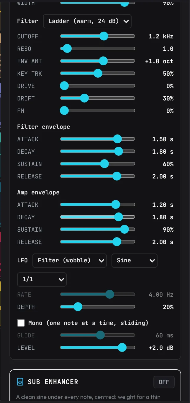 The Synth Designer further down: the Ladder filter at 1.2 kHz with Drift 30%, the filter envelope (1.50 s, 1.80 s, 60%, 2.00 s), the amp envelope (1.20 s, 1.80 s, 90%, 2.00 s) and the LFO on the filter at 1/1, depth 20%.