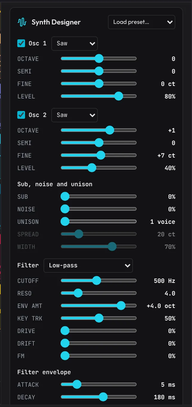 The Synth Designer in the Inspector: Osc 1 a saw, Osc 2 a saw an octave up at 40%, and the Low-pass filter at 500 Hz with Reso 4.0 and Env amt +4.0 oct.
