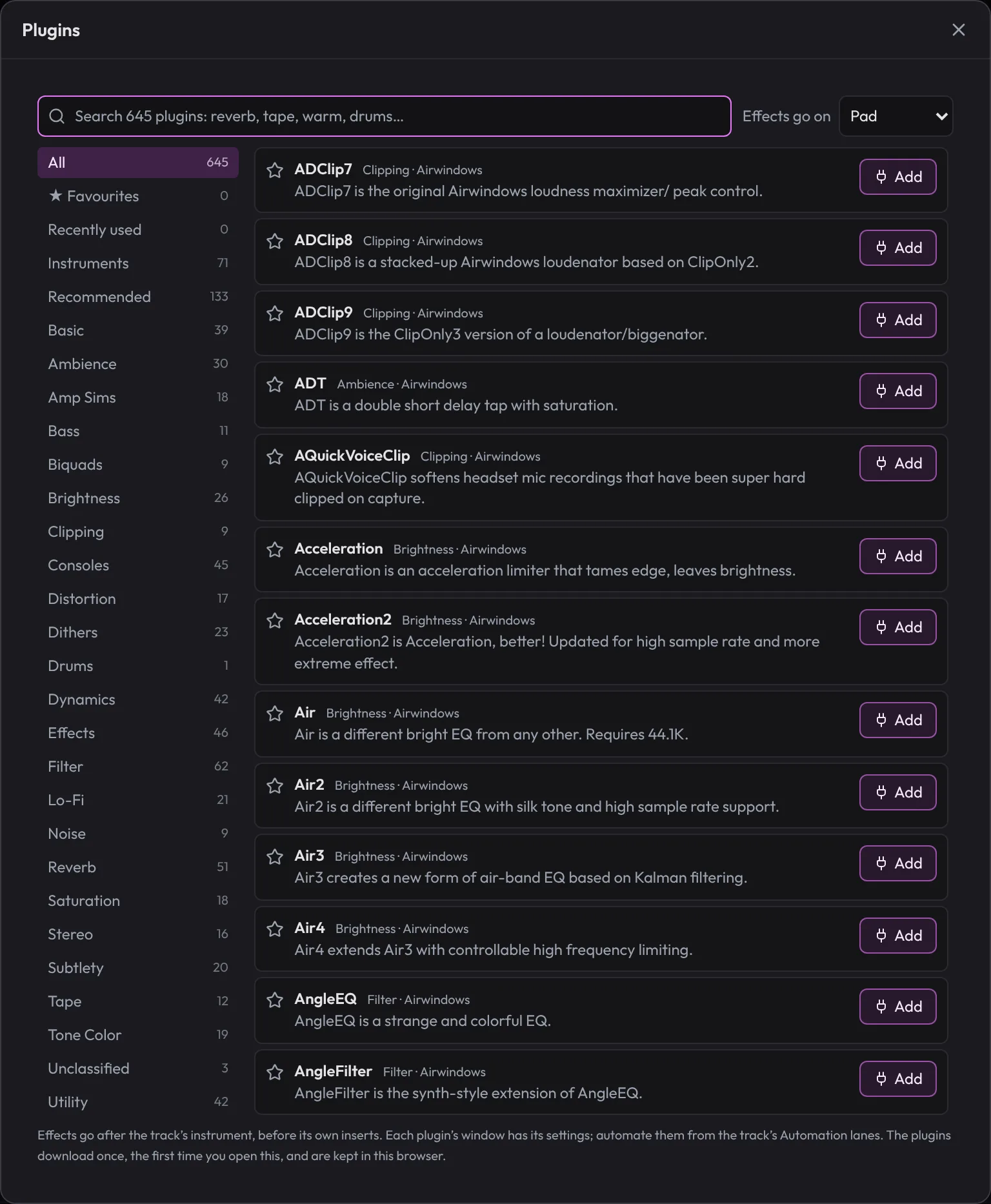 The plugin browser: a search box, the groups down the side (Instruments, Recommended, Basic and each kind of effect), and a list of plugins with Add buttons.