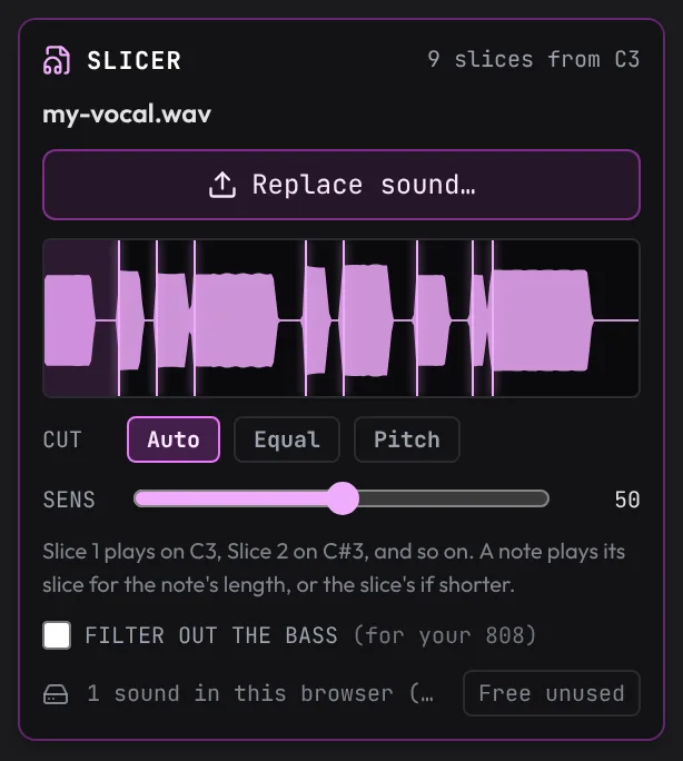 The Slicer panel with my-vocal.wav loaded: its waveform cut into 9 slices, from C3, with CUT set to Auto and SENS at 50.