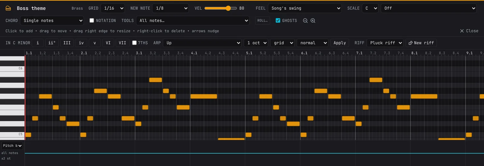 The piano roll under the timeline, showing the notes of a clip against a keyboard.