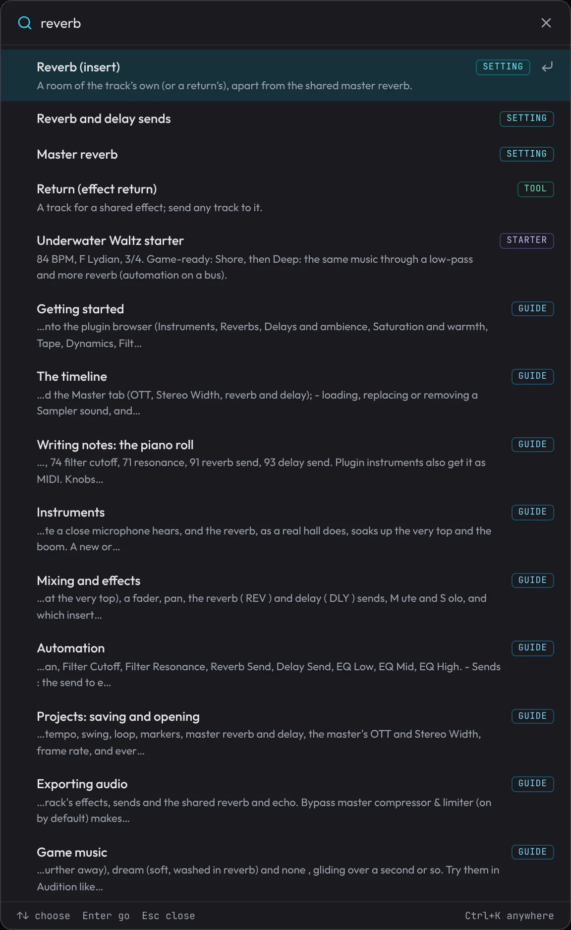 The search palette with "reverb" typed, listing tools, settings and guide sections.