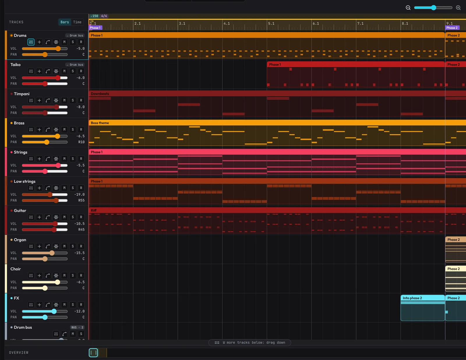 The timeline with the Plaza starter: track headers with M, S and volume on the left, coloured clips to the right.