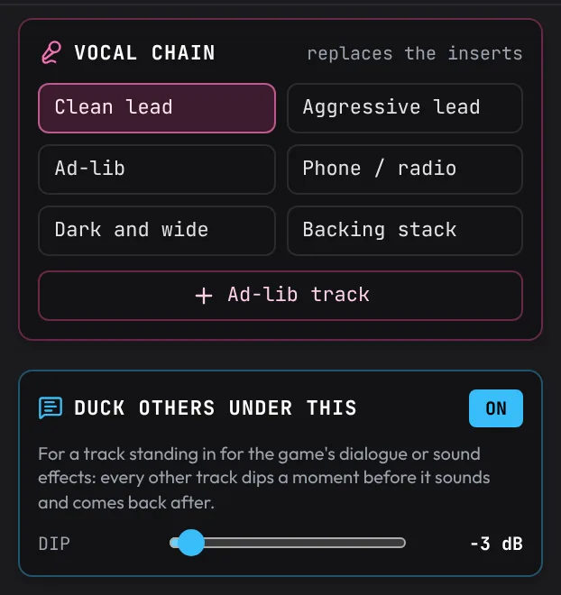 The Inspector of the Audio track: the Vocal chain panel with Clean lead lit and the Ad-lib track button, and under it Duck others under this switched on with Dip at -3 dB.