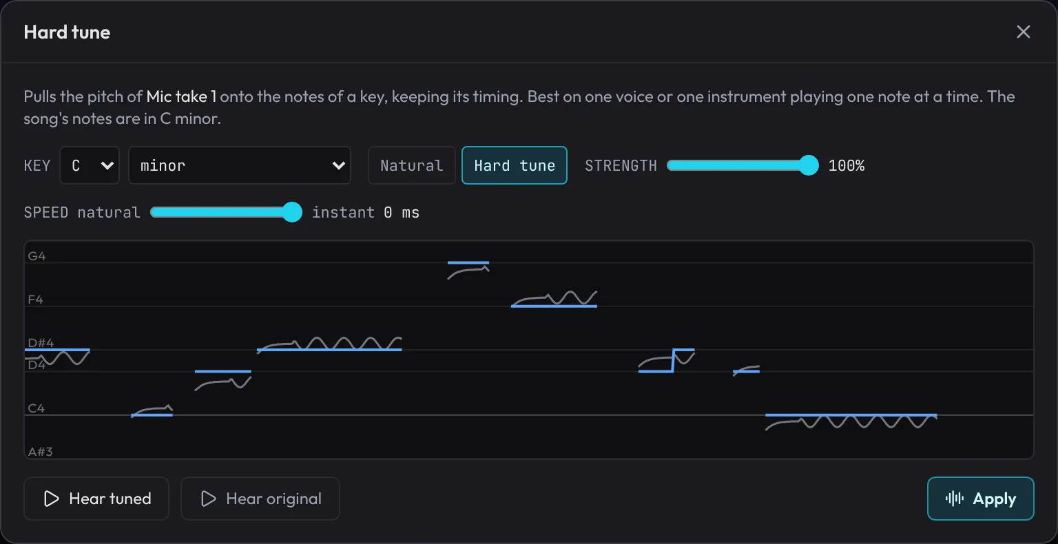 The Hard tune dialog: Strength 100%, Speed at instant (0 ms), and the tuned pitch drawn as flat steps on the notes of G major.