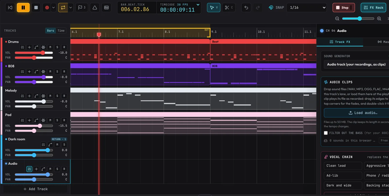The toolbar while recording: the Mic button has turned into a red Stop button with a green level meter, and the playhead readout is counting through bar 6.