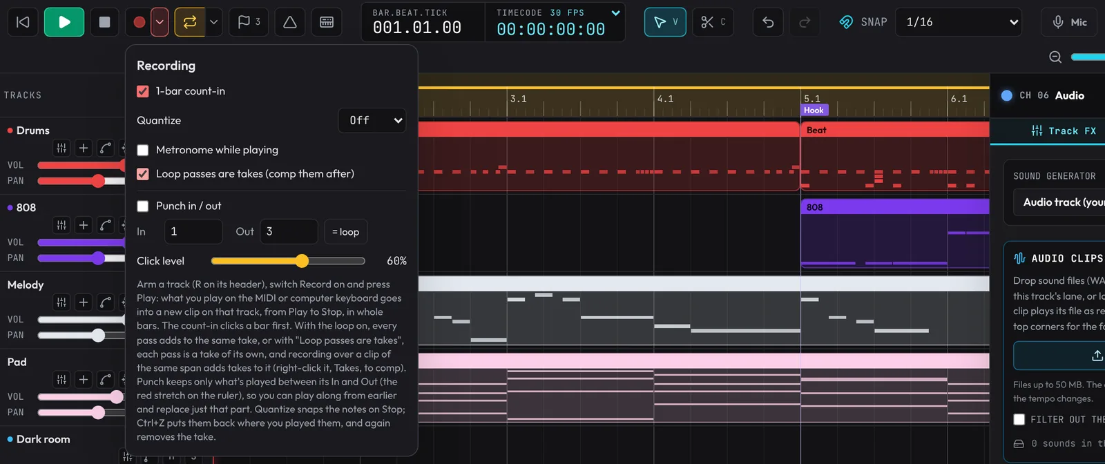 The Recording settings popover open under the toolbar: 1-bar count-in, Quantize, Metronome while playing, Loop passes are takes ticked, Punch in / out and Click level.