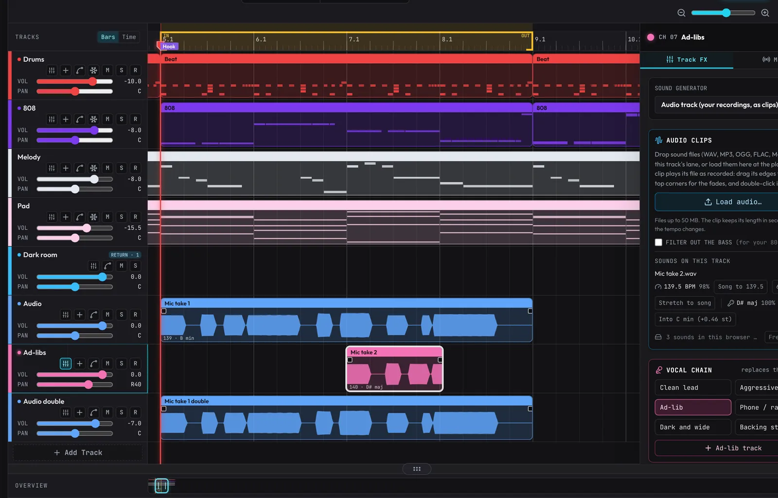 The timeline with three vocal tracks under the beat: Audio with the lead take, Ad-libs with a short take in bar 7, and Audio double with the double of the lead.