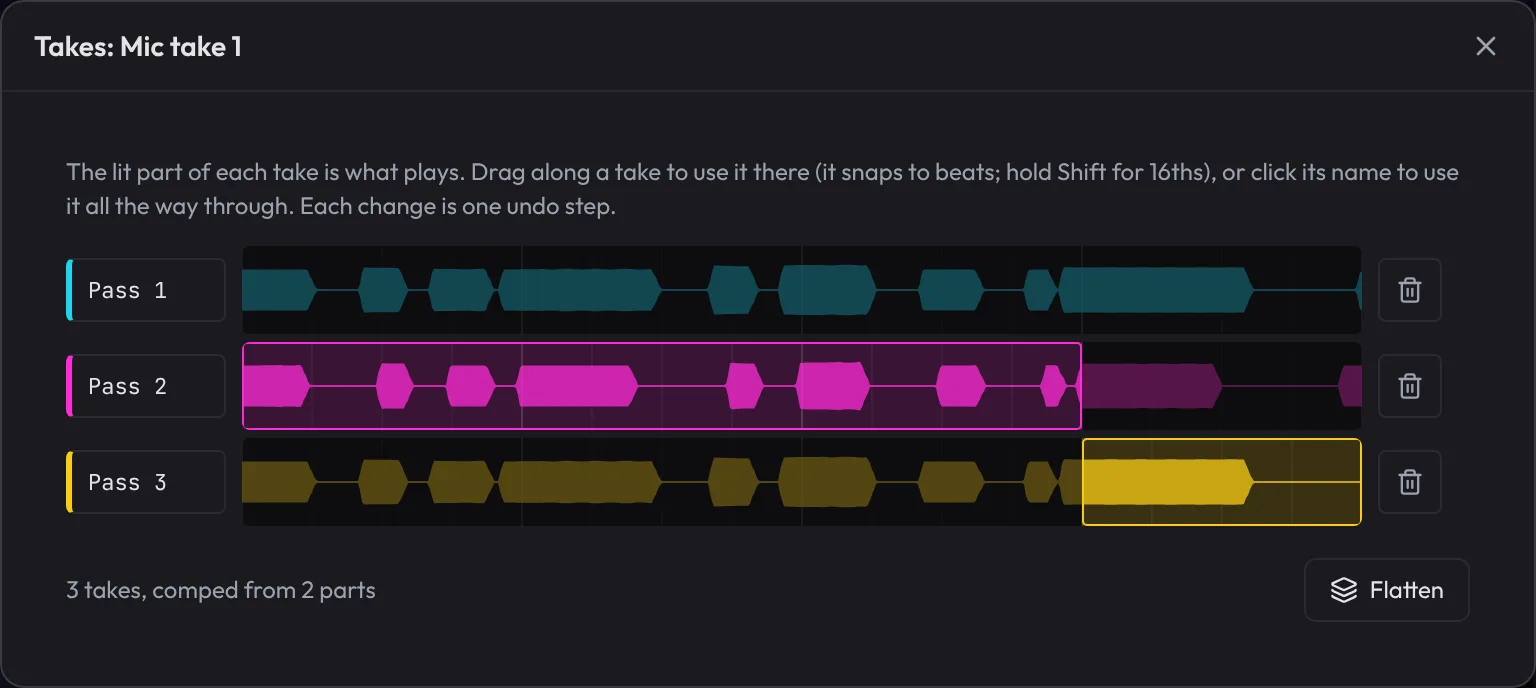 The Takes window for Mic take 1: three passes as waveform rows; Pass 2 is lit for the first three bars and Pass 3 for the last, and a Flatten button at the bottom.