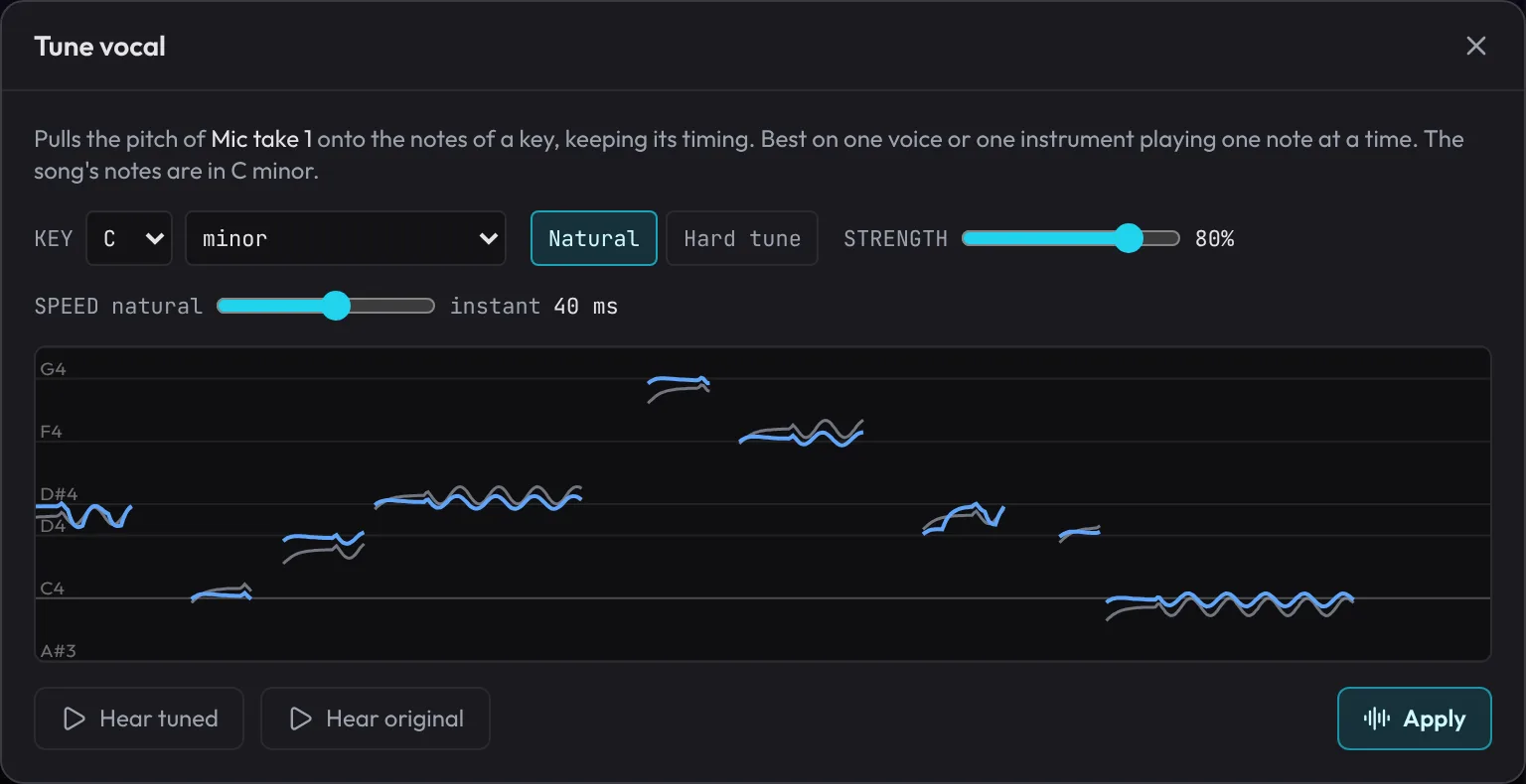 The Tune vocal dialog: key G major, Natural selected, Strength 80%, Speed 40 ms, and a graph of the sung pitch, wavering around the notes, with the tuned pitch in colour.